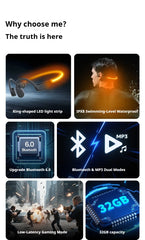 Bone Conduction Sports Headphones – IPX8 Waterproof Bluetooth 6.0 Earphones with 32GB MP3 Storage & LED Safety Light