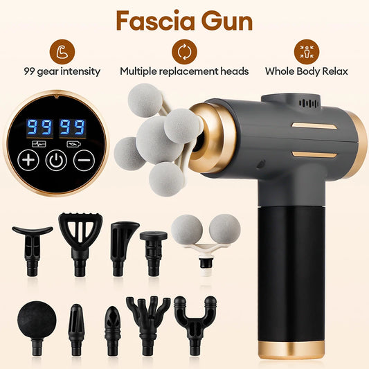 Fascia Massage Gun – Deep Tissue Percussion Massager with 11 Massage Heads | 99 Speed Levels | Rechargeable Muscle Recovery Gun