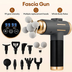 Fascia Massage Gun – Deep Tissue Percussion Massager with 11 Massage Heads | 99 Speed Levels | Rechargeable Muscle Recovery Gun