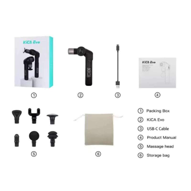 KiCA Evo Fascia Gun Portable Muscle Massage Gun 15kg 3 Gear 3200rpm with 6 Massage Heads 9cm Extension Rod Aluminum Alloy