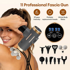 Fascia Massage Gun – Deep Tissue Percussion Massager with 11 Massage Heads | 99 Speed Levels | Rechargeable Muscle Recovery Gun